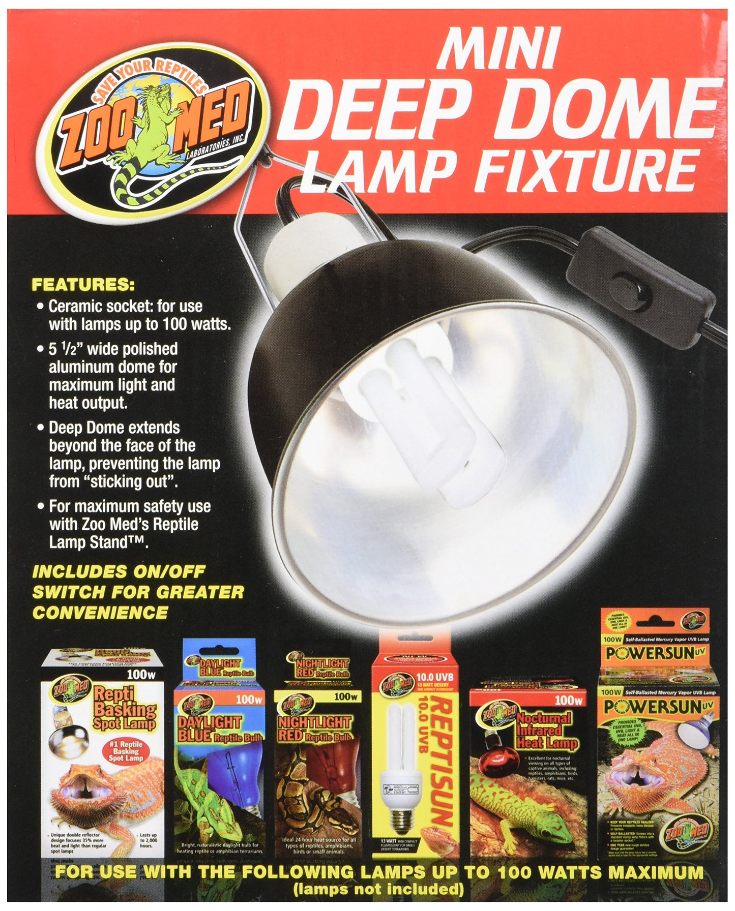 Zoo Med Mini Deep Dome Lamp Fixture with 5.5-Inch Dome, Black
