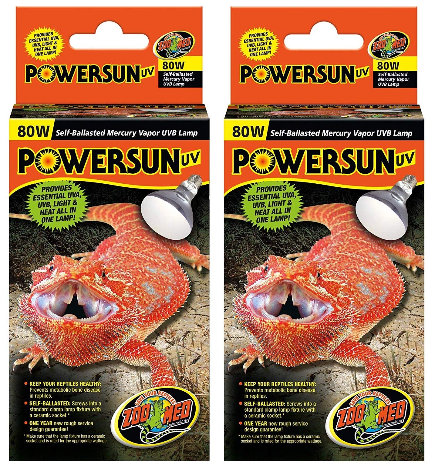 Zoo Med 2 Pack of PowerSun UV Reptile Bulbs, 80 Watts, Self-Ballasted Mercury Vapor UVB Lamp2
